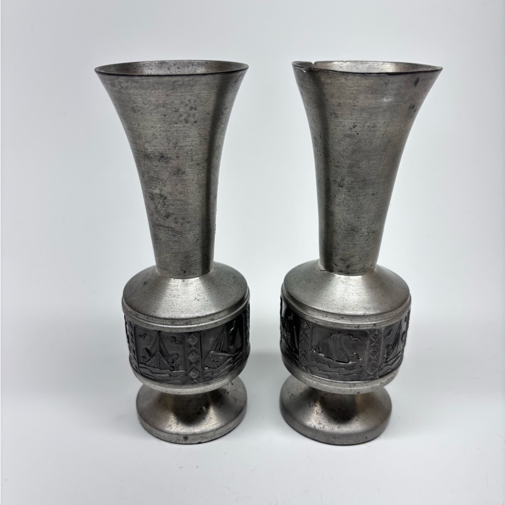 Pair Of MCM Norsk Tin Pewter Bud Vases Viking Battle Scenes Scandinavian As Is